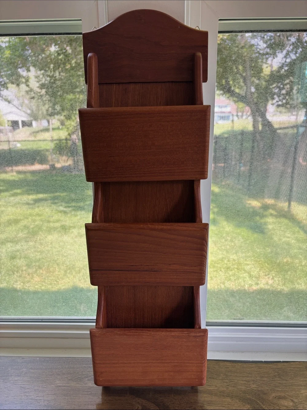Vintage Goodwood Teak Wood Wall Organizer 3 Tier Entry Letter Holder & Key Hooks